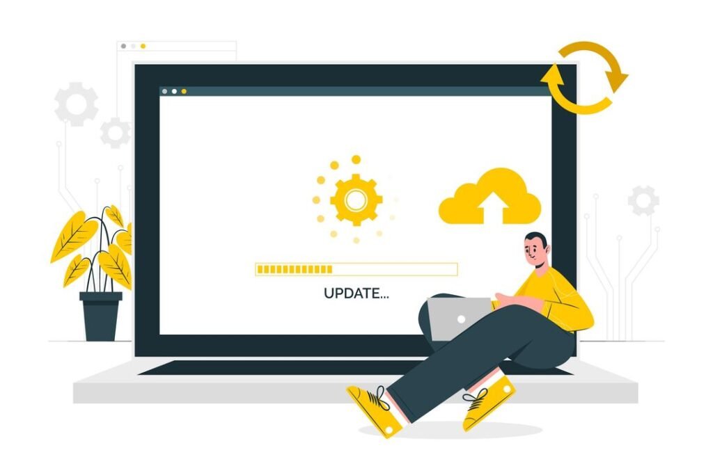 update-loading-yellow-theme-man-laptop
