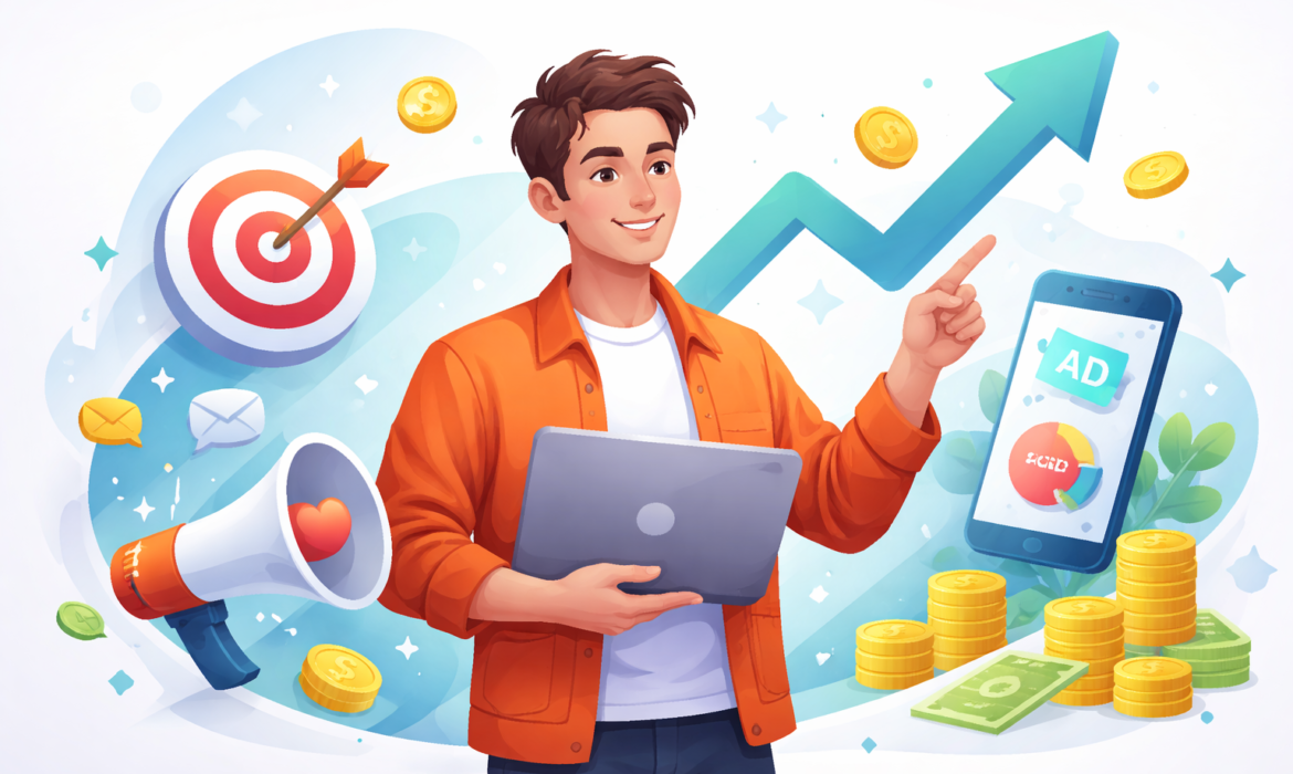 Performance marketing concept illustration showing a digital marketer with laptop, growth arrow, target icon, mobile ads, and revenue symbols