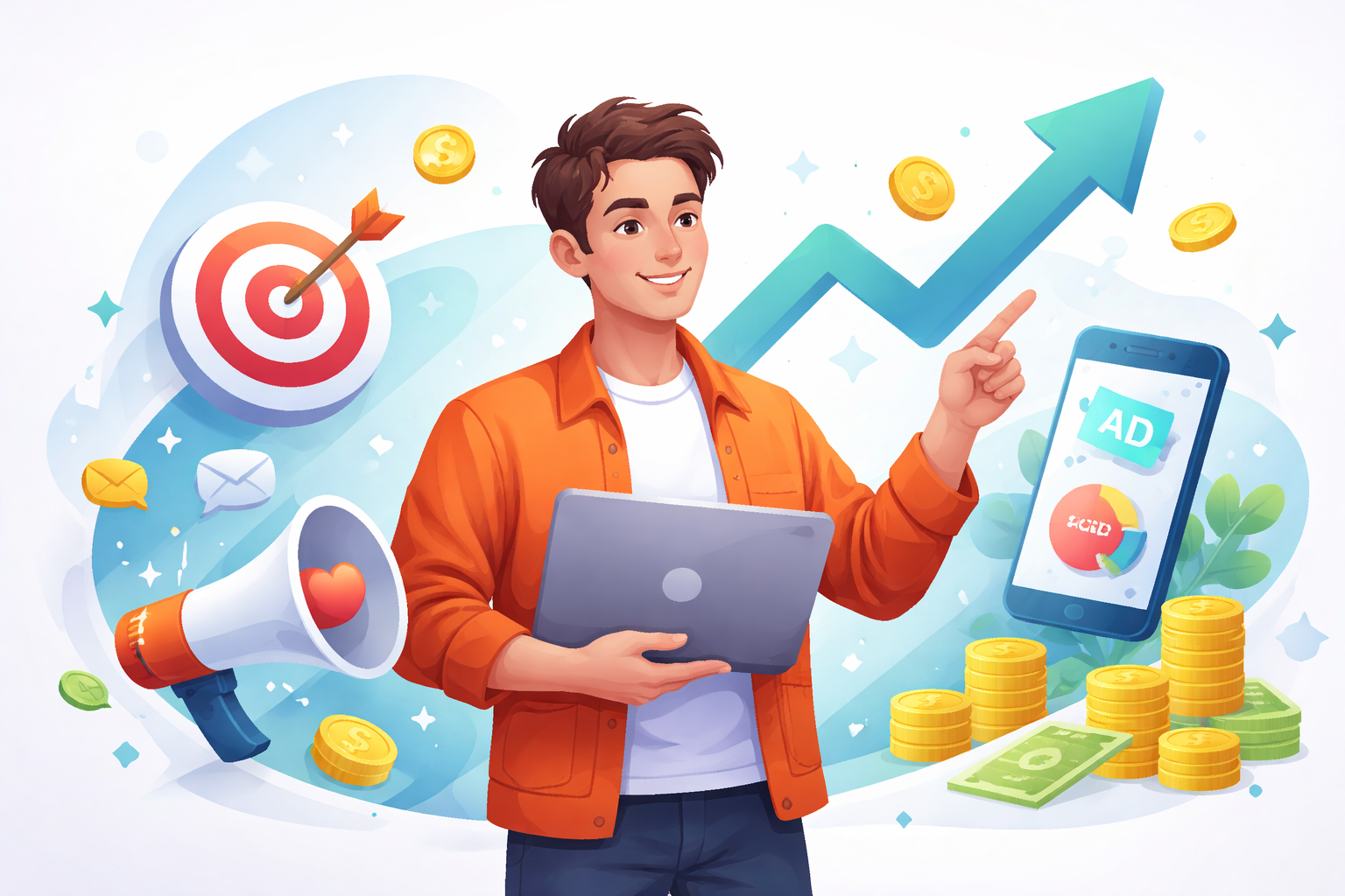 Performance marketing concept illustration showing a digital marketer with laptop, growth arrow, target icon, mobile ads, and revenue symbols