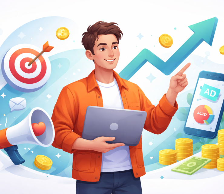 Performance marketing concept illustration showing a digital marketer with laptop, growth arrow, target icon, mobile ads, and revenue symbols
