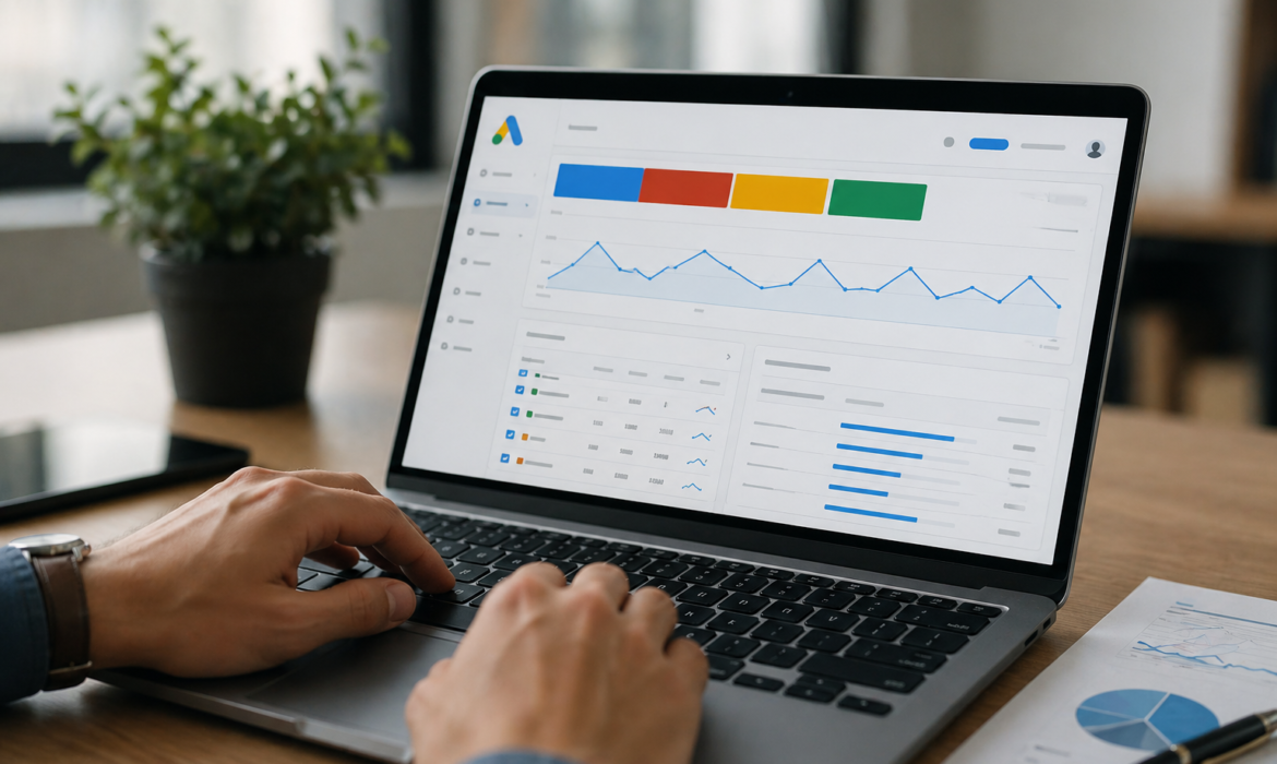 Google Ads dashboard on laptop showing campaign performance analytics and data insights