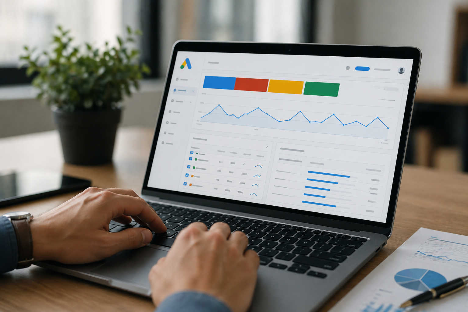 Google Ads dashboard on laptop showing campaign performance analytics and data insights