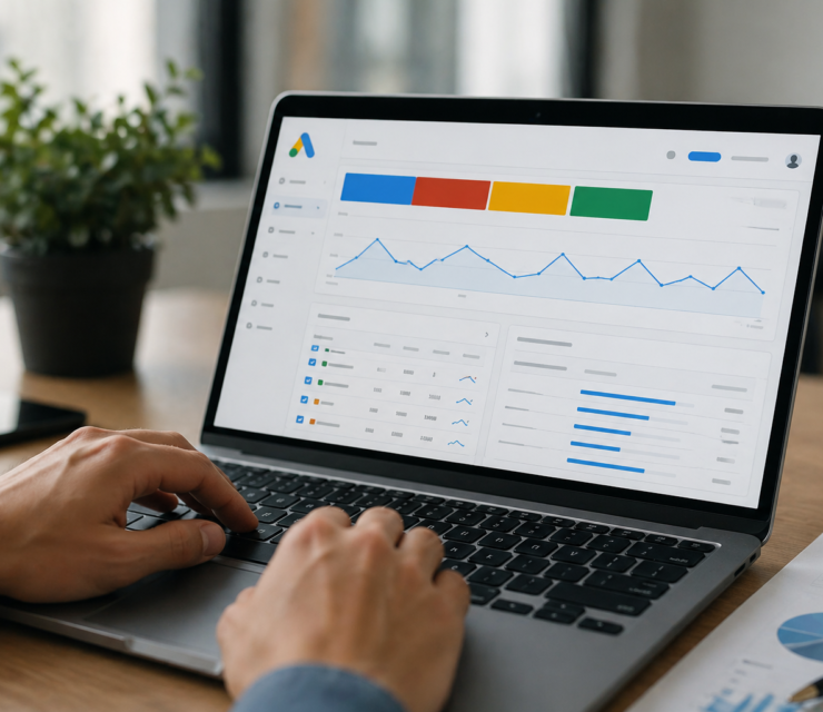 Google Ads dashboard on laptop showing campaign performance analytics and data insights