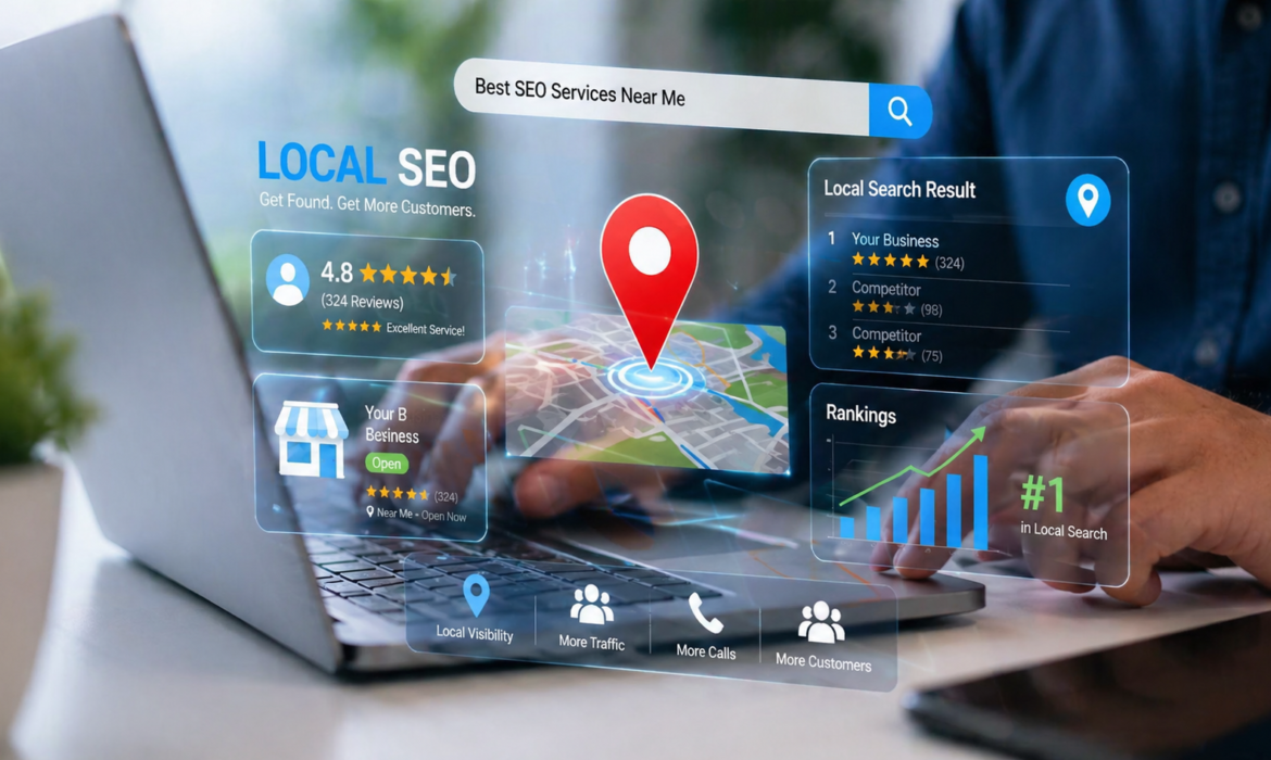 Local SEO services concept with laptop showing map listings, business rankings, and search analytics interface
