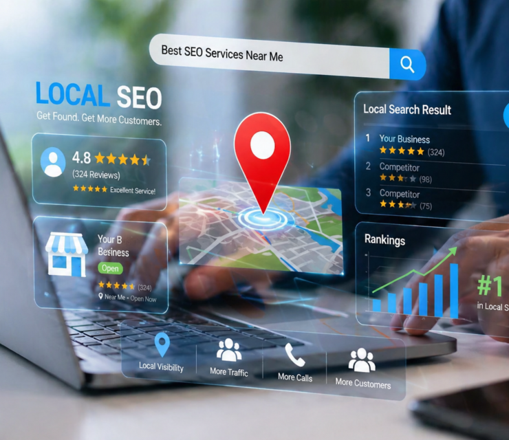 Local SEO services concept with laptop showing map listings, business rankings, and search analytics interface