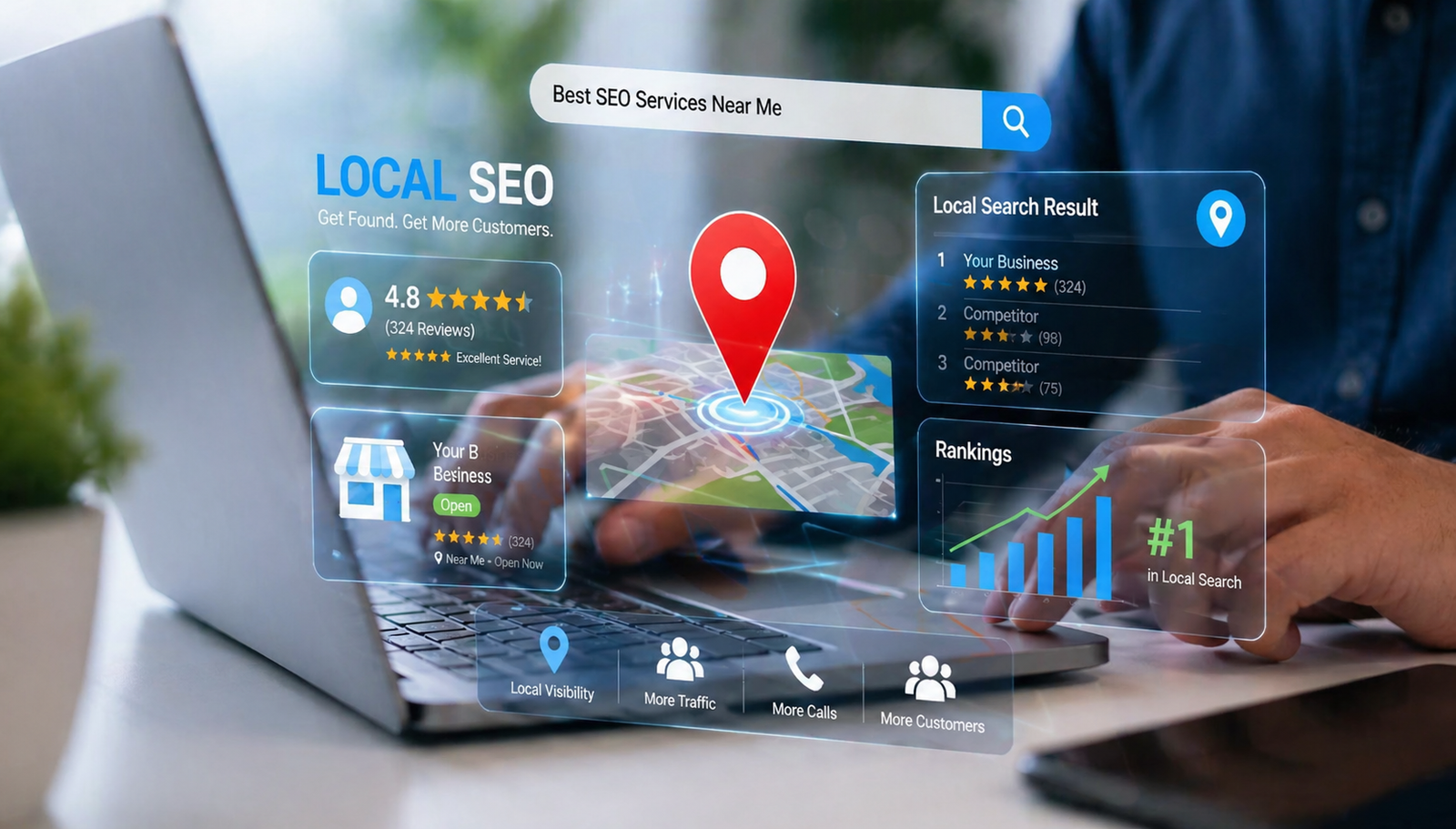 Local SEO services concept with laptop showing map listings, business rankings, and search analytics interface