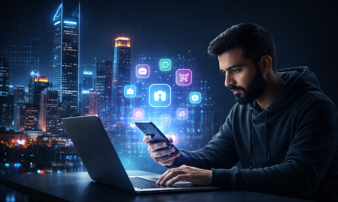 Mobile app development concept with developer using laptop and smartphone, showcasing modern digital app technology