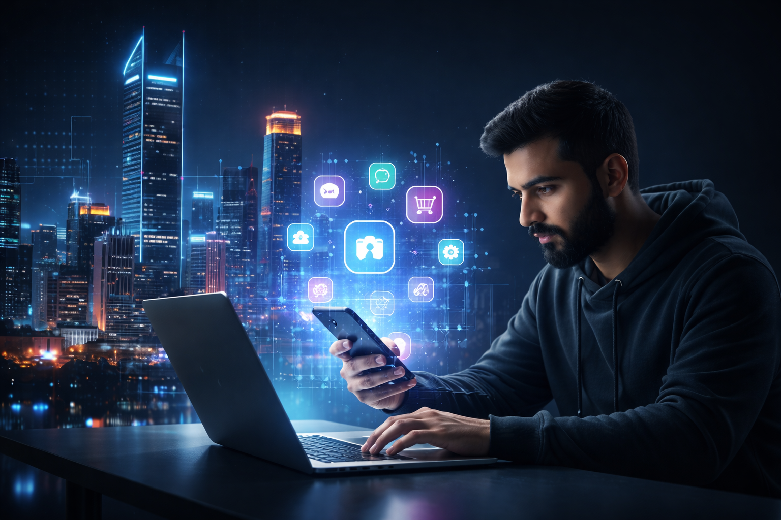 Mobile app development concept with developer using laptop and smartphone, showcasing modern digital app technology