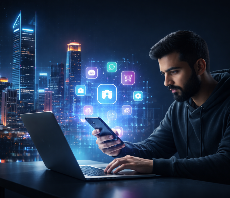 Mobile app development concept with developer using laptop and smartphone, showcasing modern digital app technology