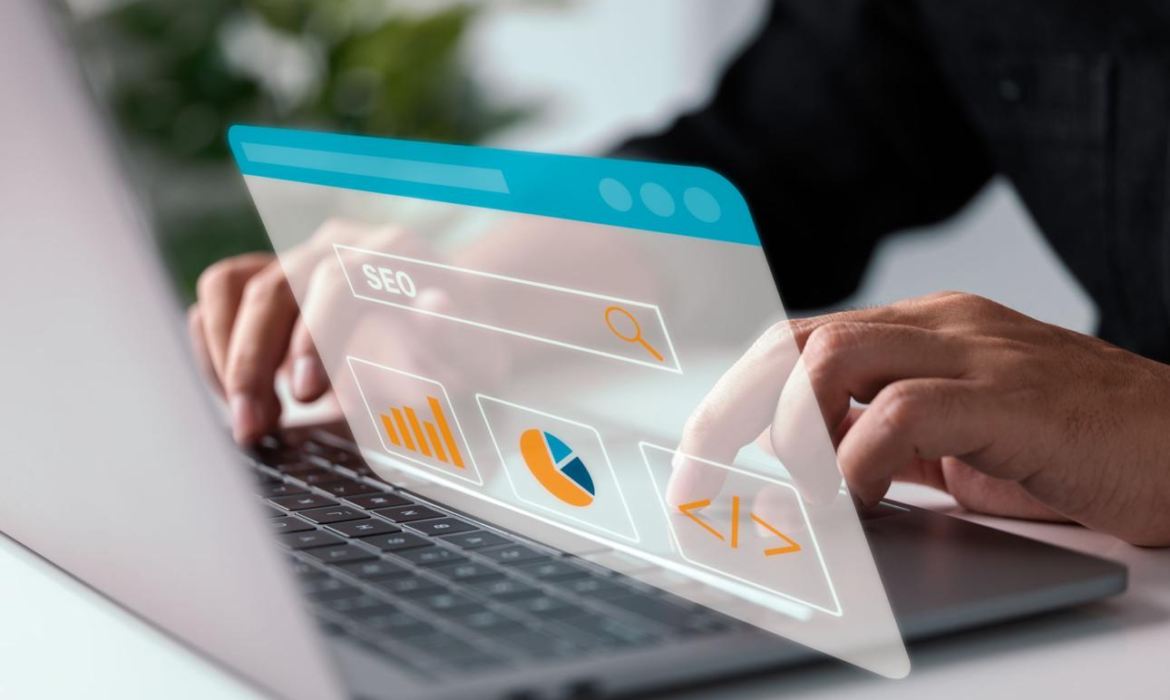 SEO analytics dashboard showing website performance, keyword rankings, and growth charts on a laptop screen