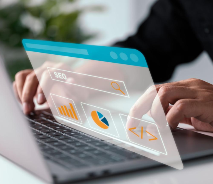 SEO analytics dashboard showing website performance, keyword rankings, and growth charts on a laptop screen