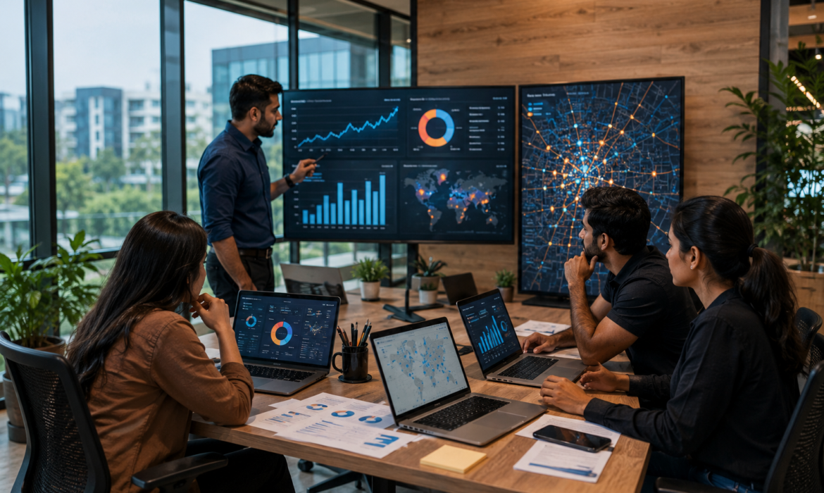 A professional digital marketing team analyzing charts, SEO data, and local search performance metrics in a modern office workspace.