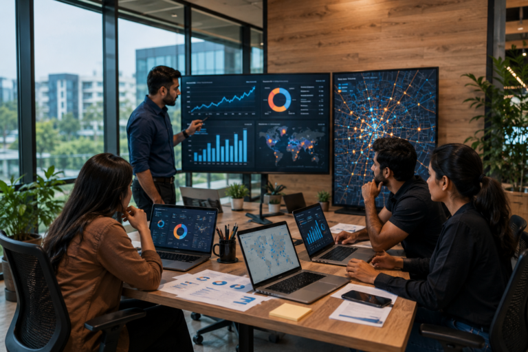 A professional digital marketing team analyzing charts, SEO data, and local search performance metrics in a modern office workspace.