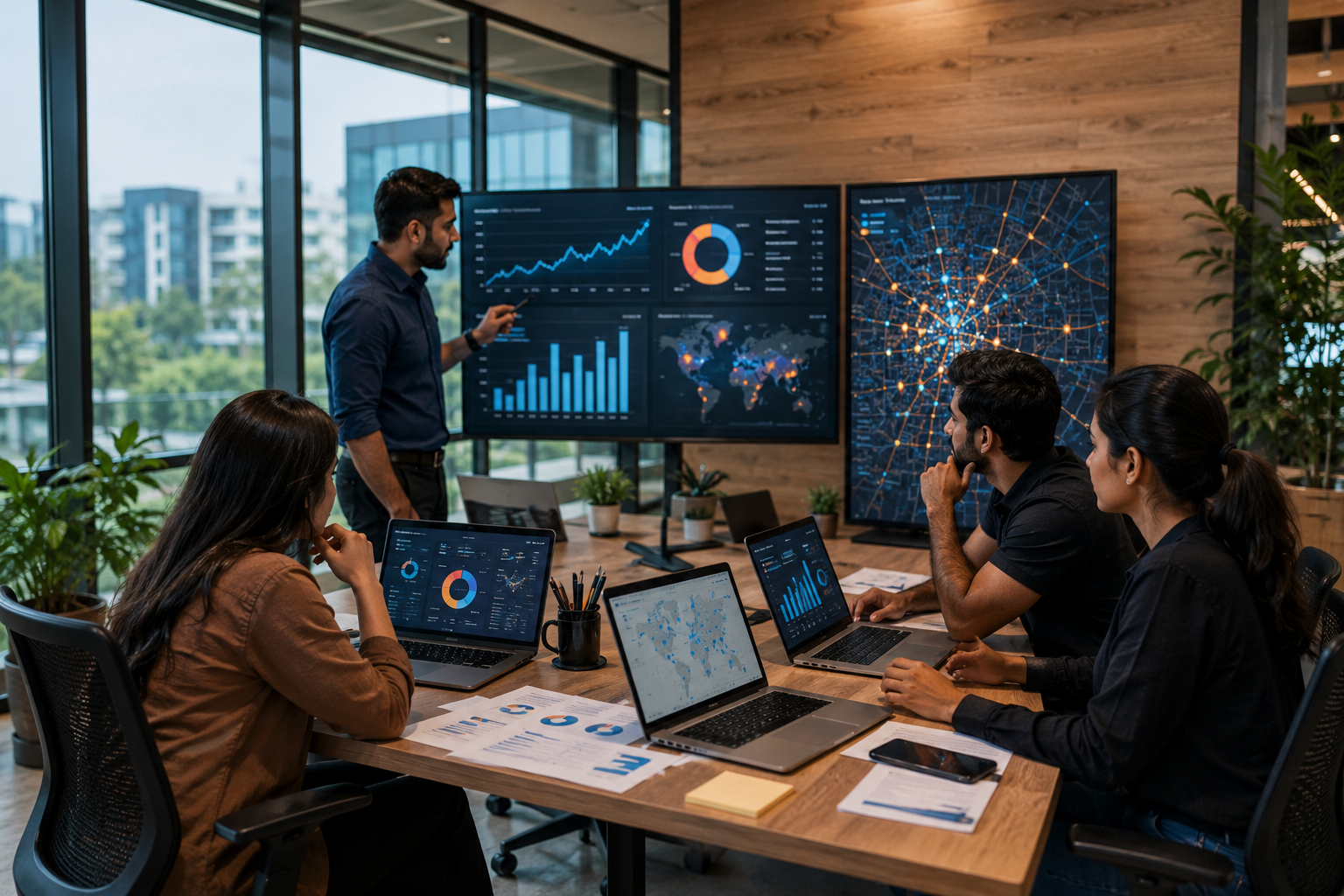 A professional digital marketing team analyzing charts, SEO data, and local search performance metrics in a modern office workspace.