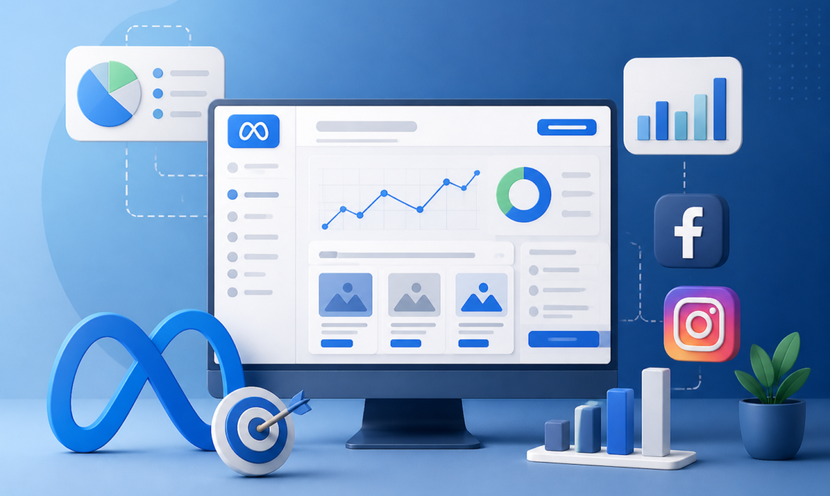 3D rendered digital marketing dashboard showing Meta ad management analytics, graphs, and app icons with Facebook and Instagram logos
