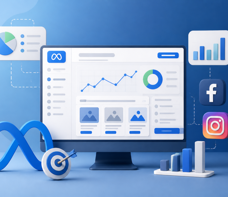 3D rendered digital marketing dashboard showing Meta ad management analytics, graphs, and app icons with Facebook and Instagram logos