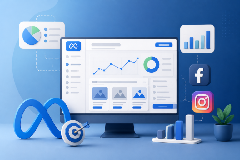 3D rendered digital marketing dashboard showing Meta ad management analytics, graphs, and app icons with Facebook and Instagram logos