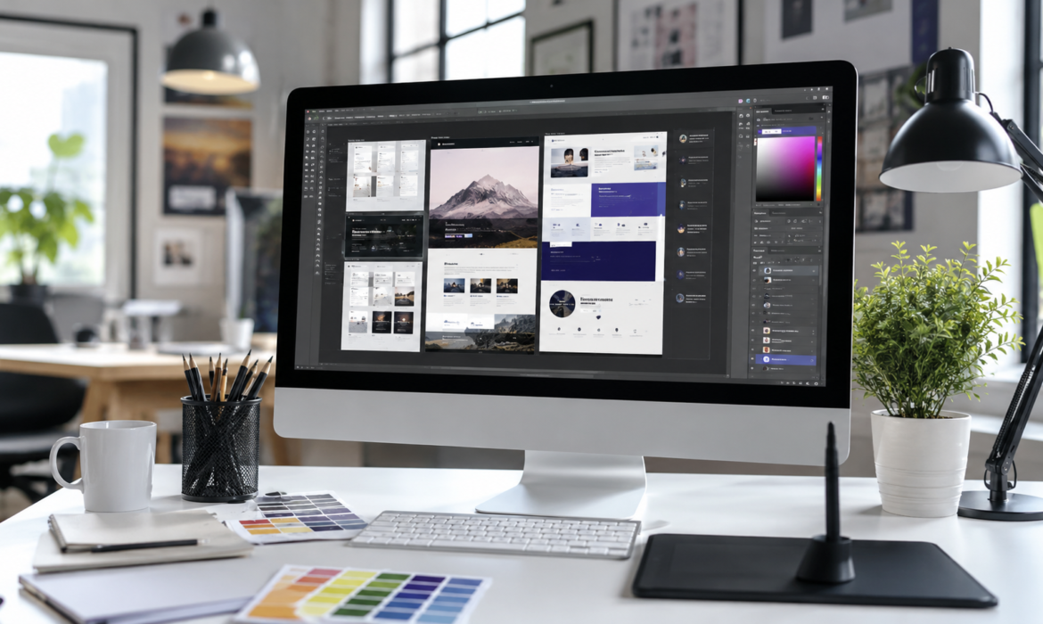 Professional web designing workspace showcasing responsive website development and UI/UX design for a leading web designing agency in India