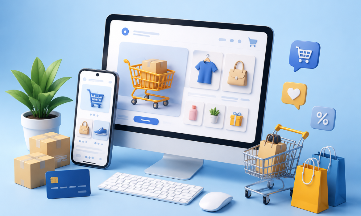 Professional eCommerce website development concept with online shopping interface displayed on desktop and mobile devices in a modern digital workspace.