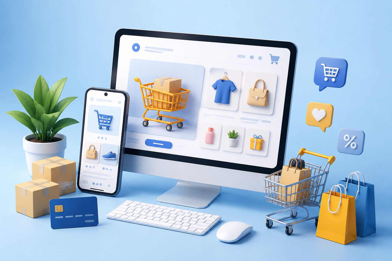 Professional eCommerce website development concept with online shopping interface displayed on desktop and mobile devices in a modern digital workspace.