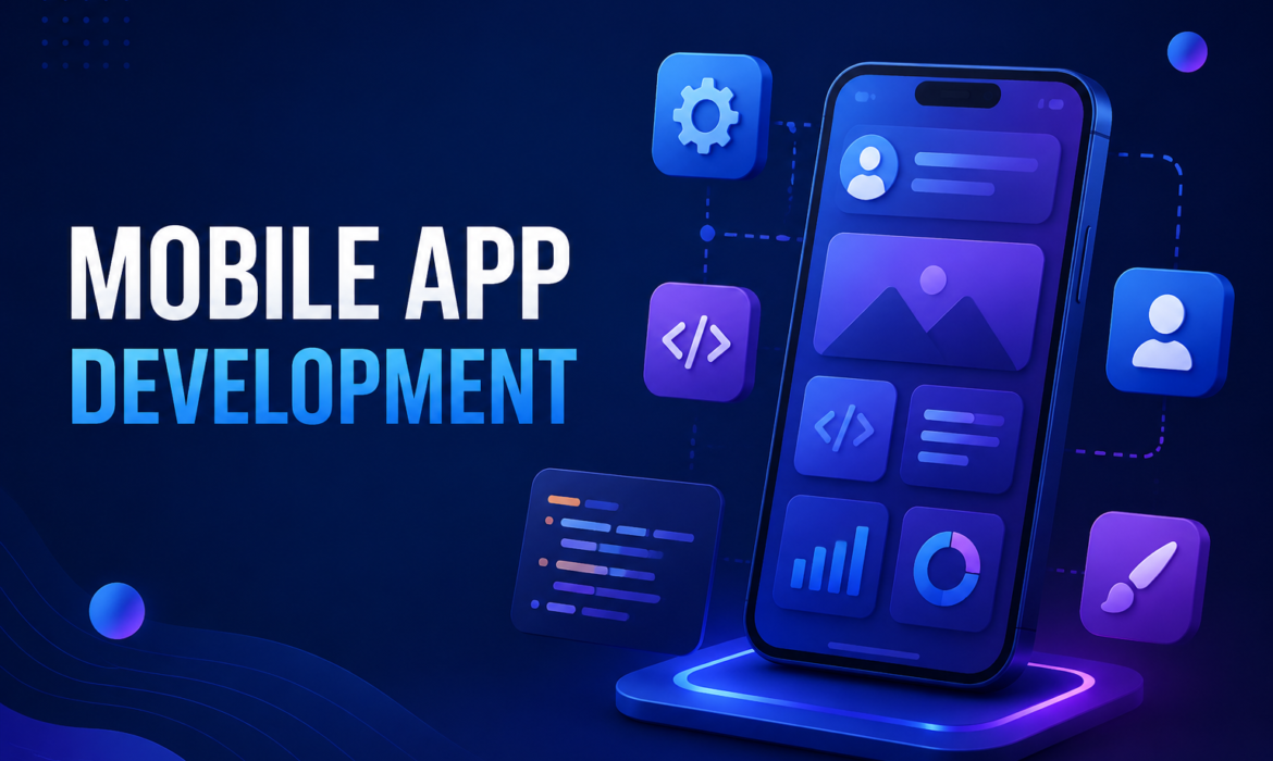 Mobile App Development Services – Modern Smartphone App Interface with UI/UX Design and Coding Elements
