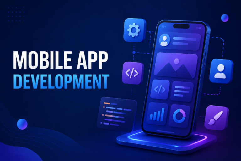 Mobile App Development Services – Modern Smartphone App Interface with UI/UX Design and Coding Elements