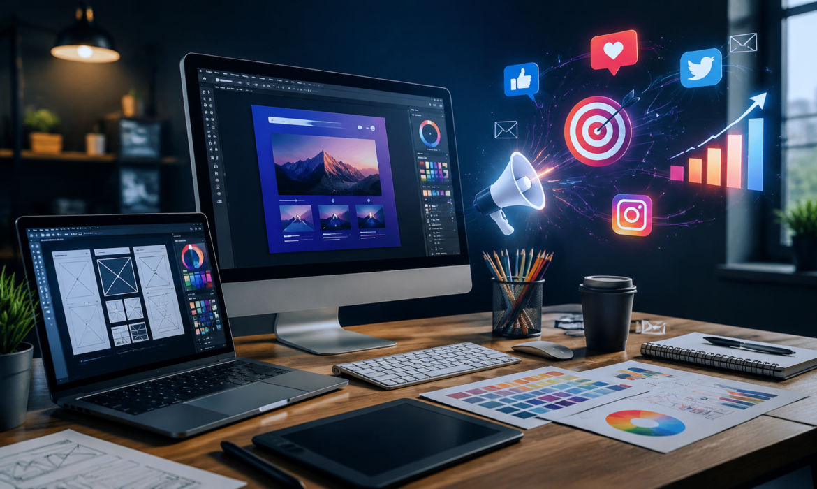 Modern web designing and digital marketing workspace with desktop computer, laptop, creative design tools, analytics dashboard, and digital marketing elements in a professional office setting.