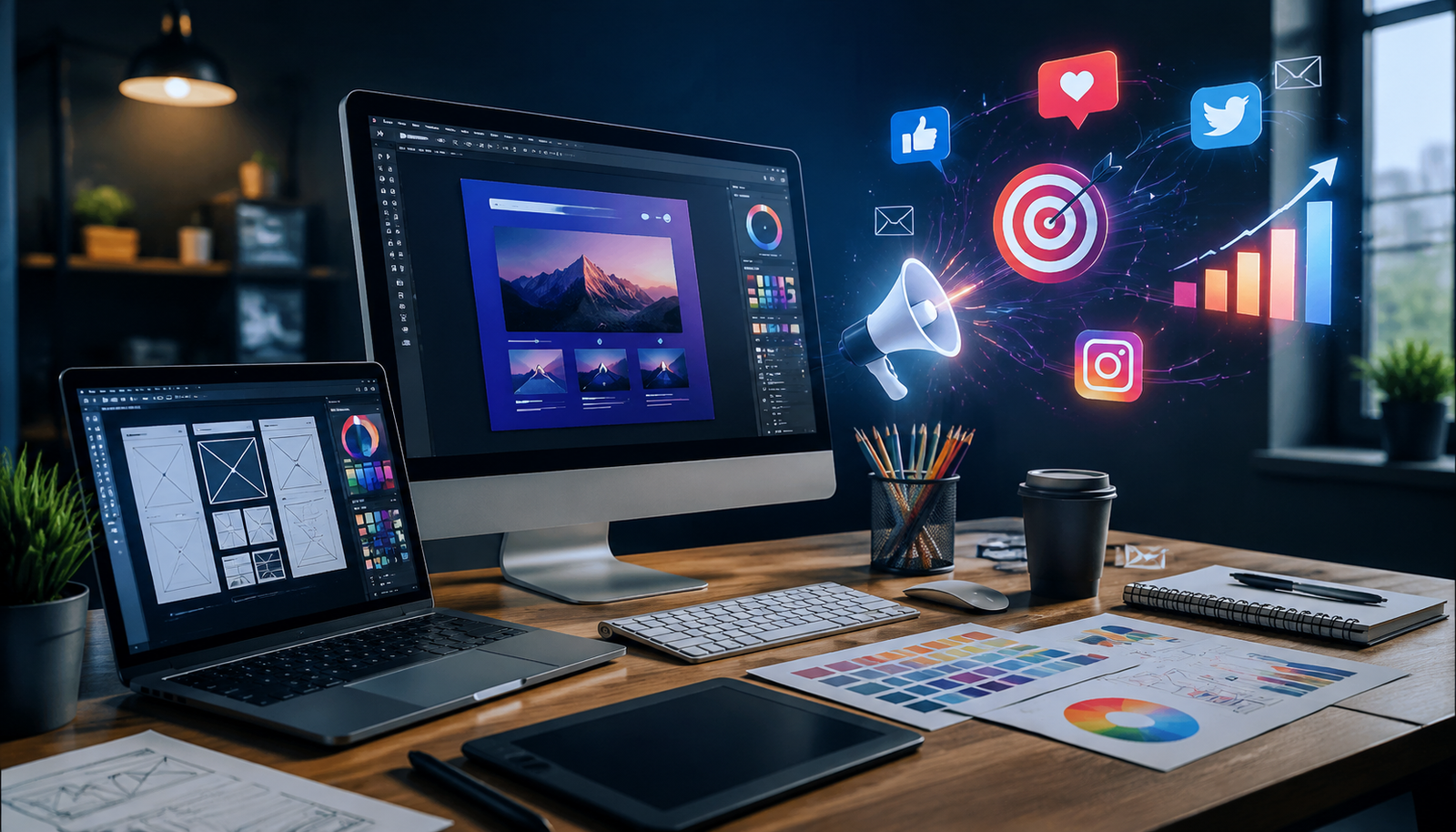 Modern web designing and digital marketing workspace with desktop computer, laptop, creative design tools, analytics dashboard, and digital marketing elements in a professional office setting.