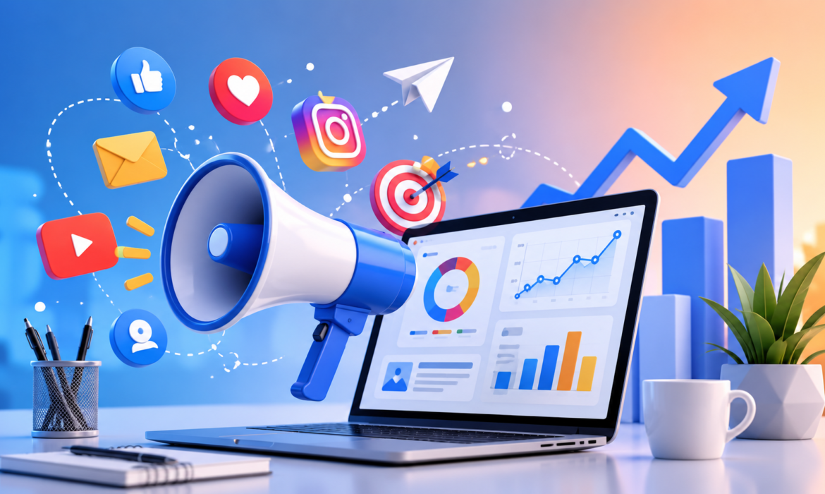 Digital marketing workspace with laptop analytics dashboard, social media icons, and business growth concept in a modern 3D illustration
