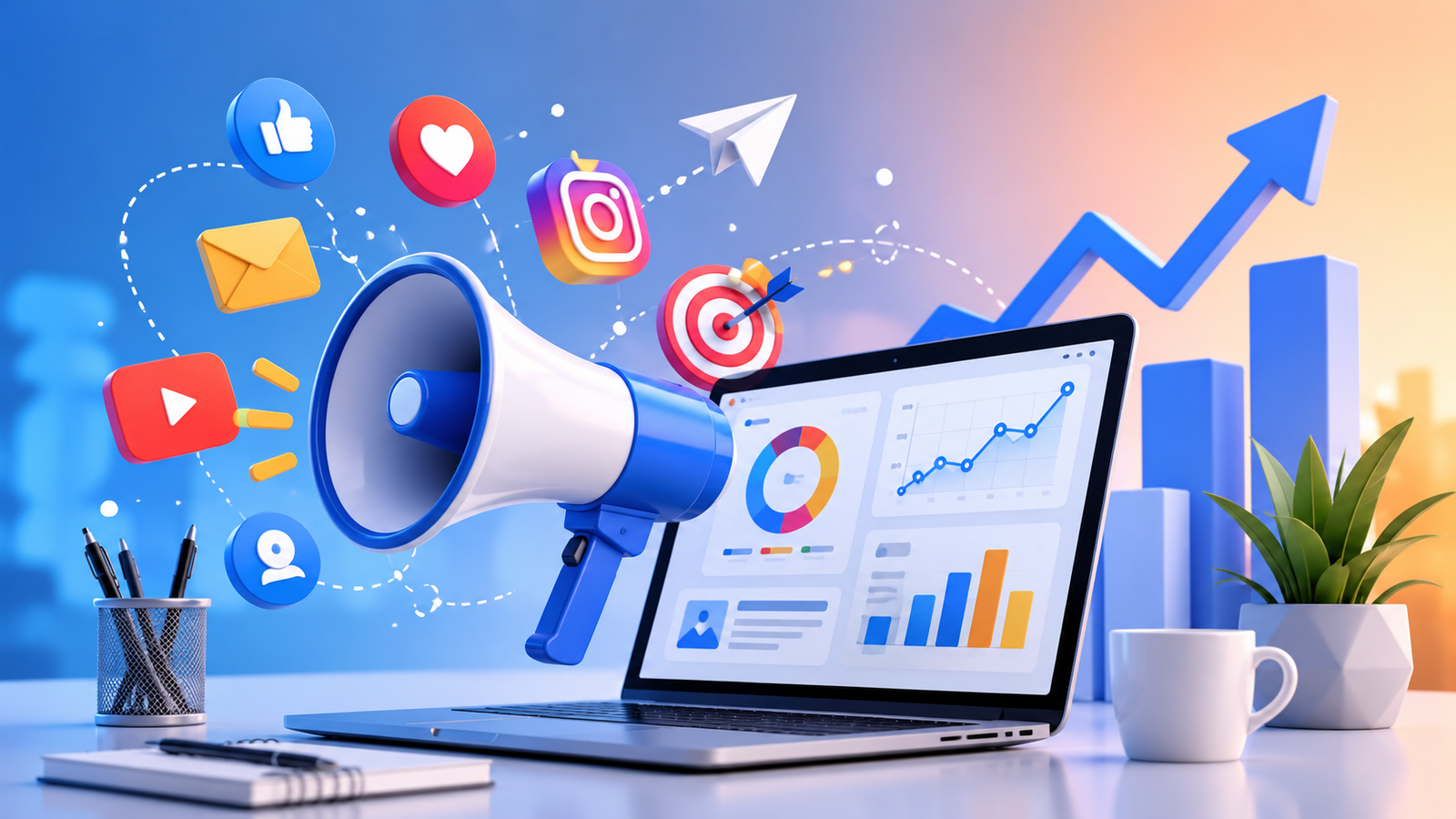 Digital marketing workspace with laptop analytics dashboard, social media icons, and business growth concept in a modern 3D illustration
