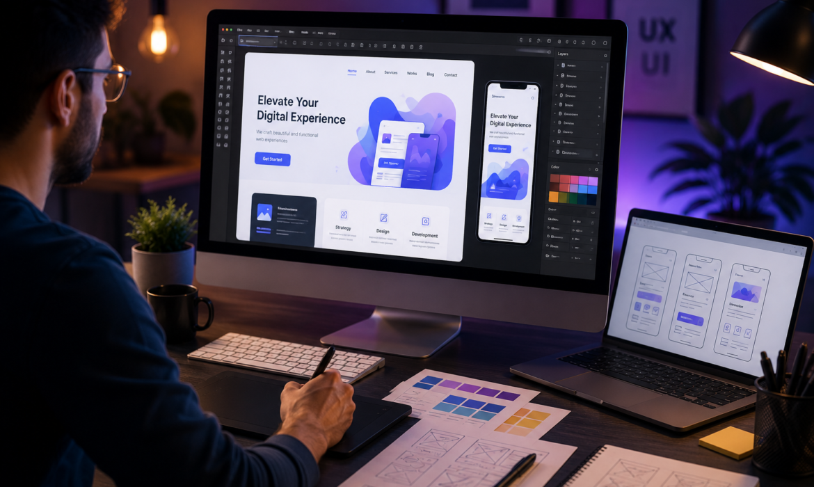 UI/UX designer creating a modern responsive website interface on a desktop computer with wireframes and design tools