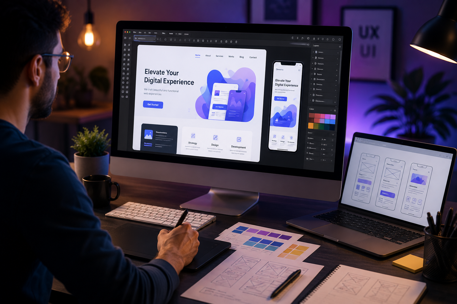 UI/UX designer creating a modern responsive website interface on a desktop computer with wireframes and design tools