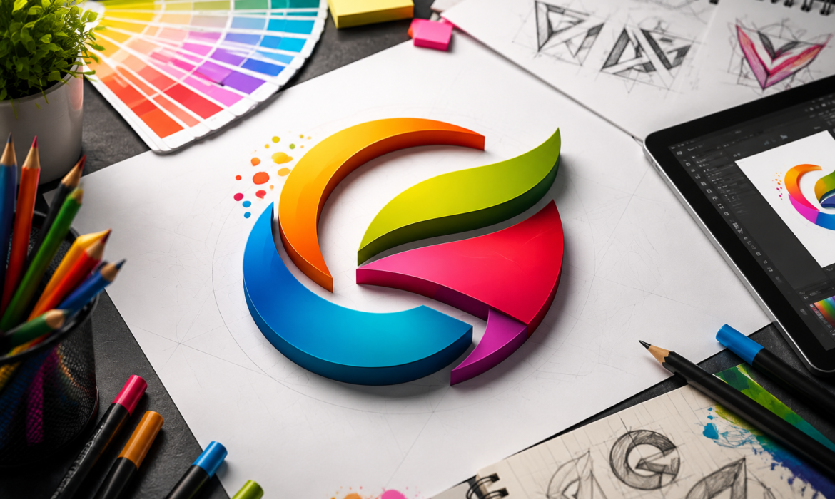 Premium logo designing workspace with colorful 3D logo concept, branding sketches, color palette, and professional graphic design tools.