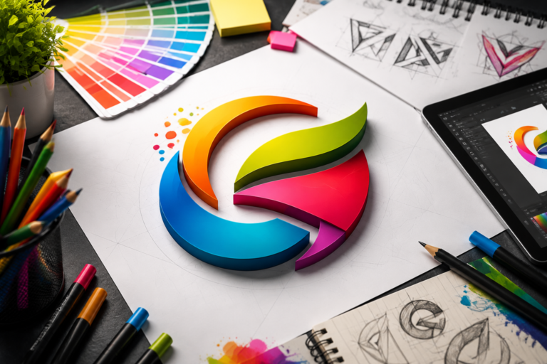 Premium logo designing workspace with colorful 3D logo concept, branding sketches, color palette, and professional graphic design tools.