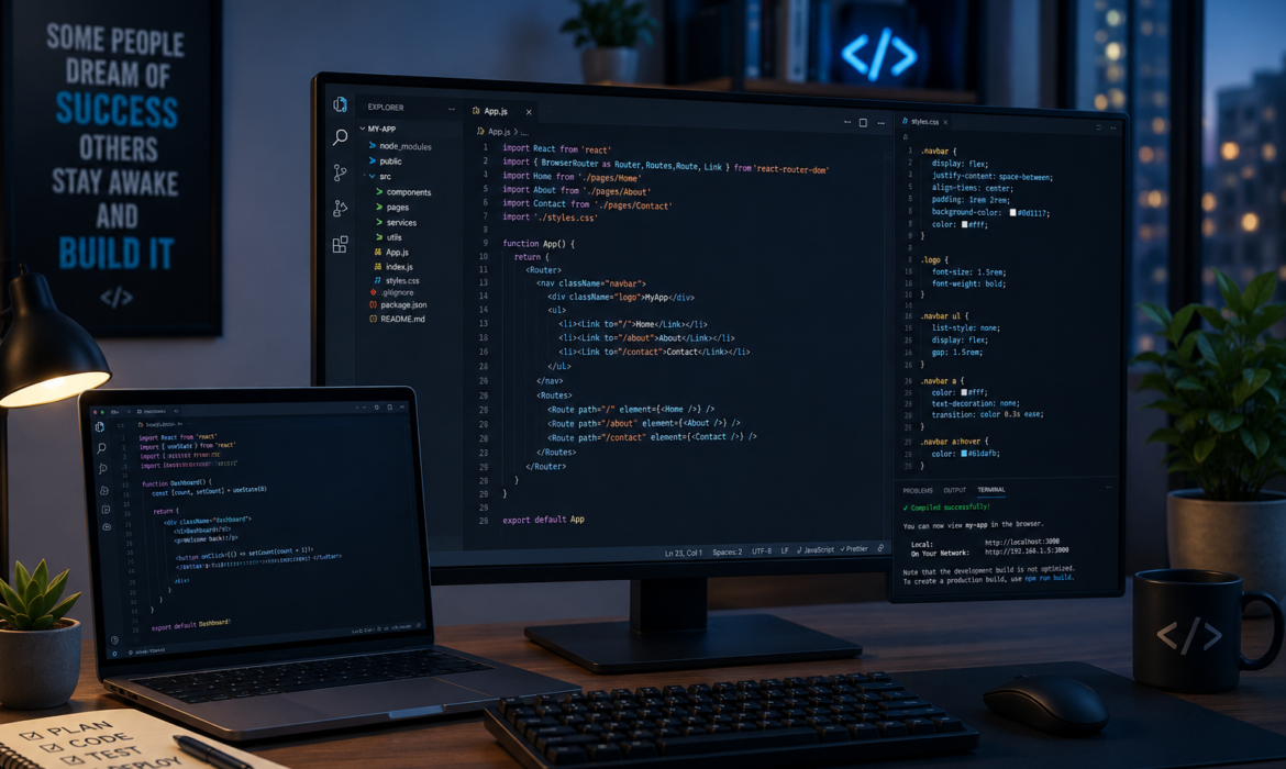 Software Development Workspace with Coding Screens