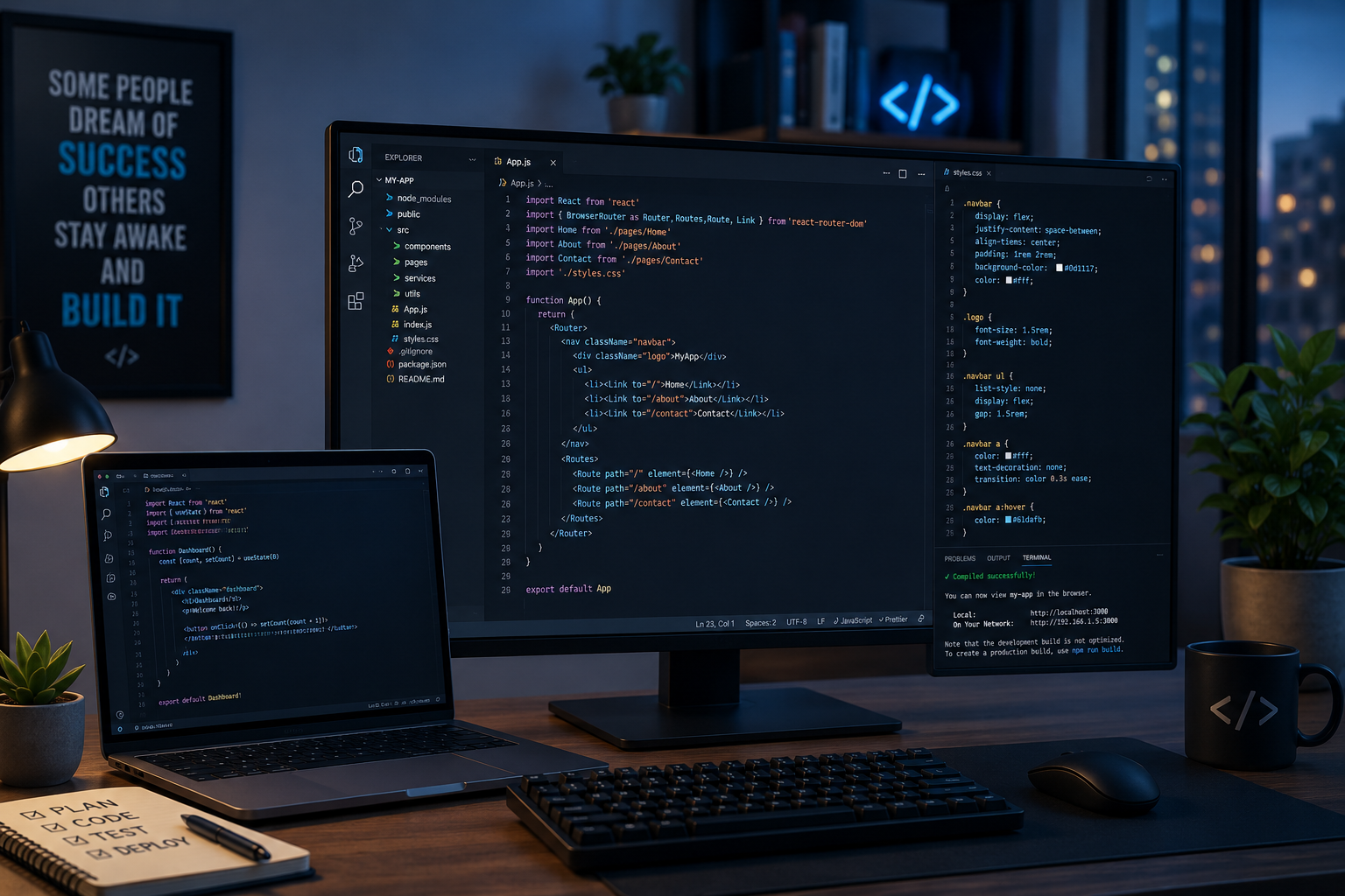 Software Development Workspace with Coding Screens